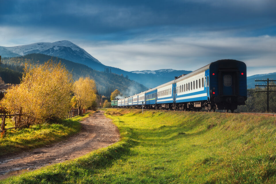 Train moving through countryside