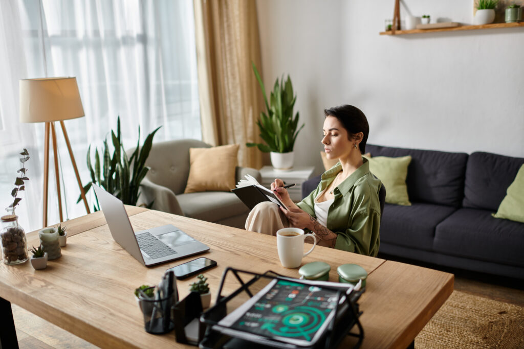 A woman sits at her home office desk, focused on her work.