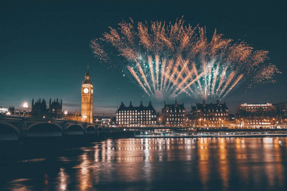 Big Ben with fireworks - celebration of the New Year at the House of Parliament, London, United Kingdom